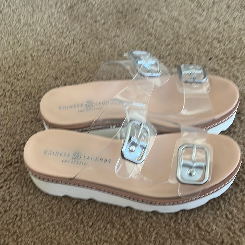 Chinese Laundry White and Brown Platform Sandals with Clear Buckle Straps - Picture 4 of 7